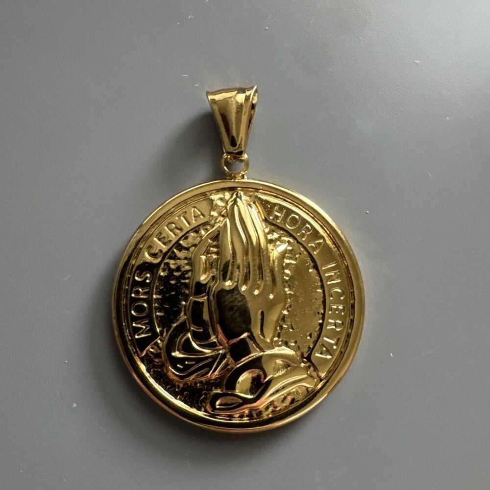 Praying Hands Rosary Stainless Steel Pendant 24” Chain Jesus Christian Gold